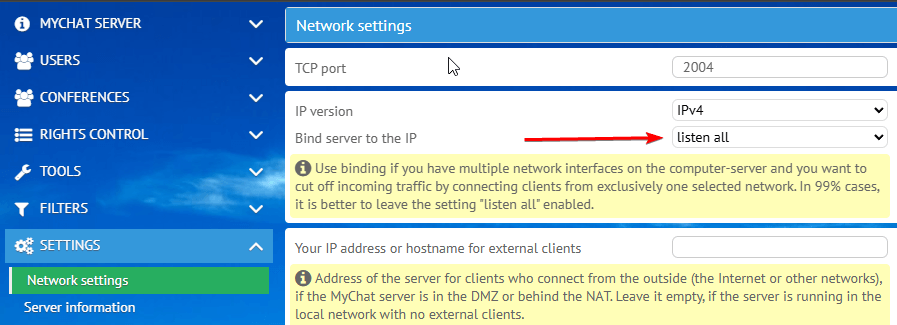 Server network interfaces and settings